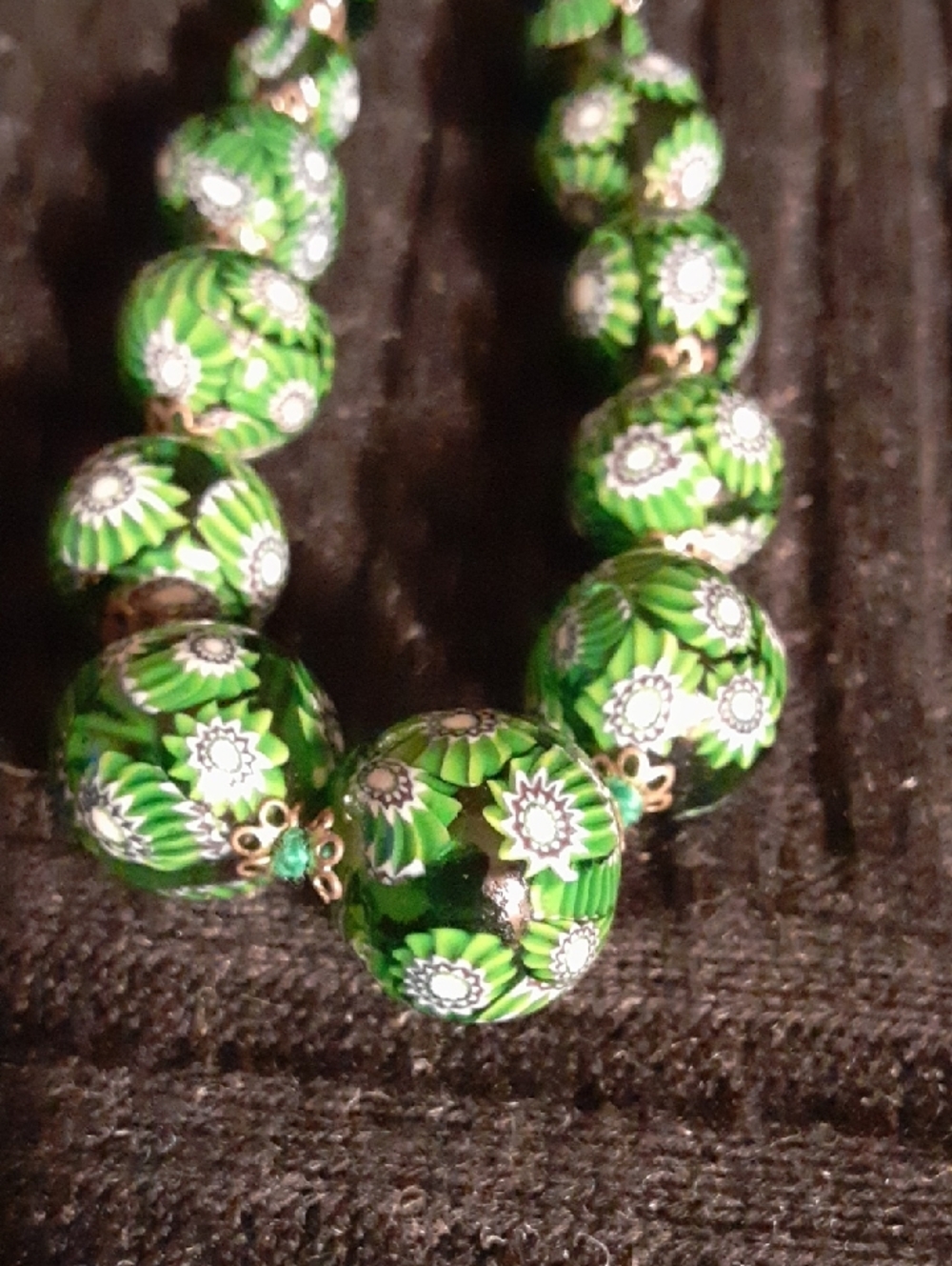 Murano Green Floral Millefiori Bead Necklace 11.5" DROP